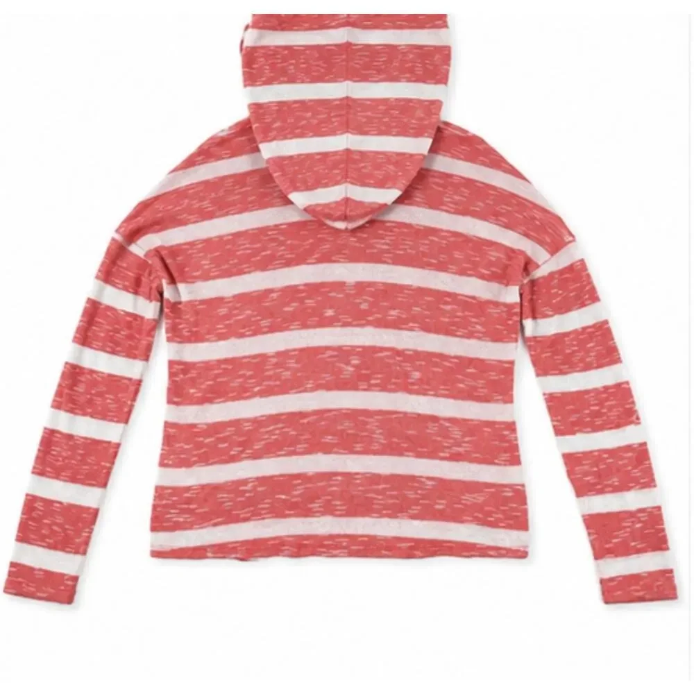 No Boundaries Girls L 11-13 Pink White Striped Hooded V-Neck Lightweight Sweater